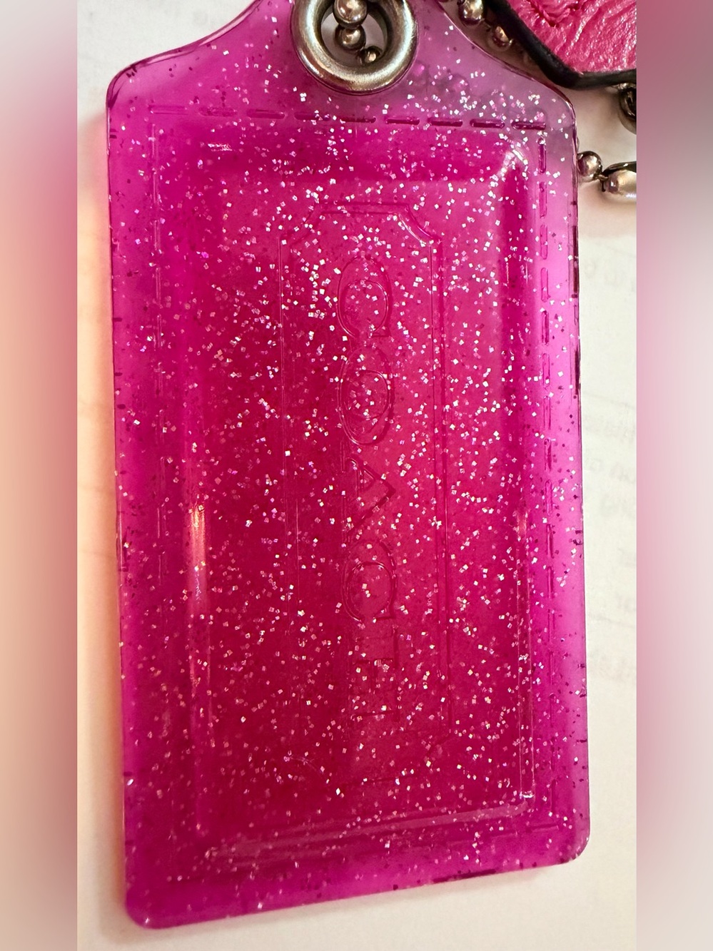 Coach Hot Pink Glitter Leather Tag Keychain - Picture 4 of 5